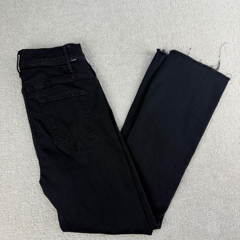 Mother The Hustler Ankle Fray Jeans Womens 27 Black High Rise Raw Hem 1117-180